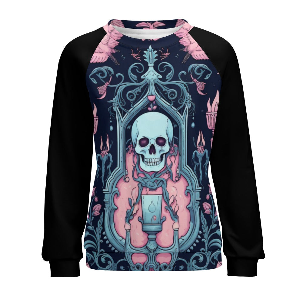 Pink Gothic And Skull Raglan Round Neck Sweater