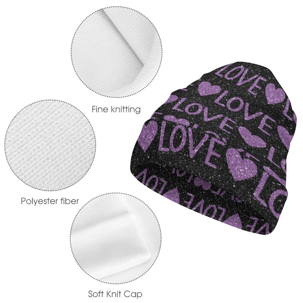 Sparkling Purple Love And Hearts Beanie