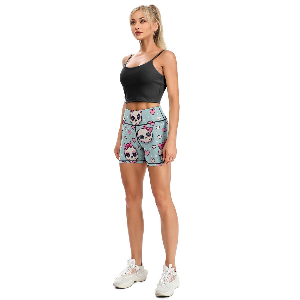 Cute Skulls With Bows Skinny Yoga Shorts