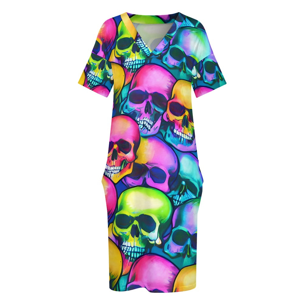 Multi-Colored Skull Heads Loose Pocket Dress