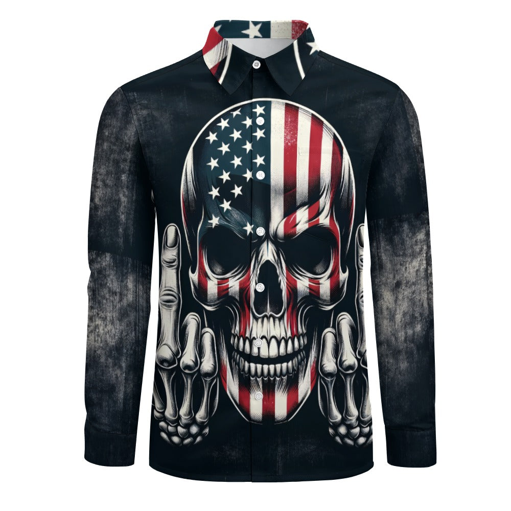 Middle Finger American Skull Casual One Pocket Long Sleeve Shirt