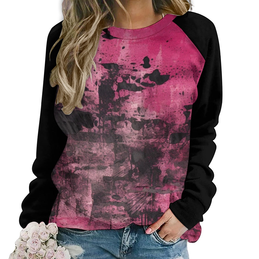 Gothic Pink And Black Raglan Round Neck Sweater