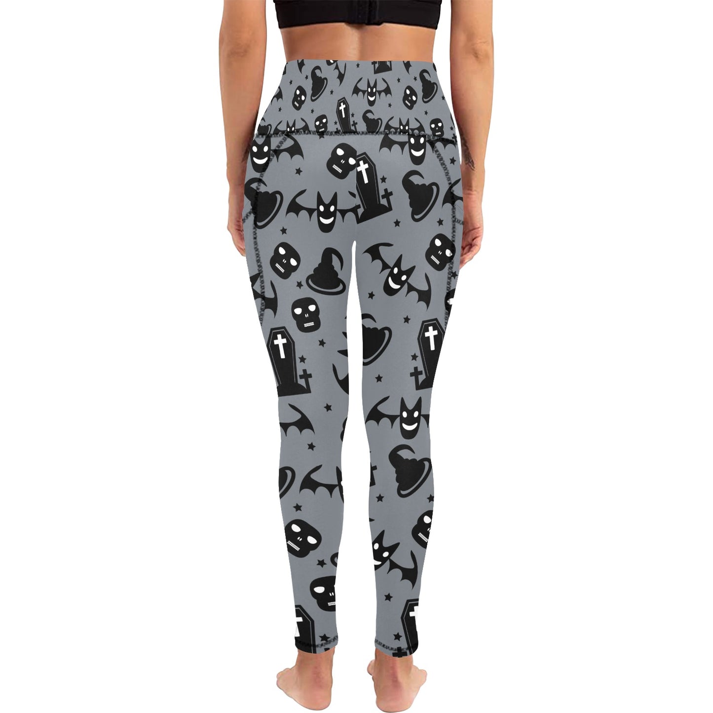 Skulls, Bats, Witches Hats And Coffins Leggings with Pockets