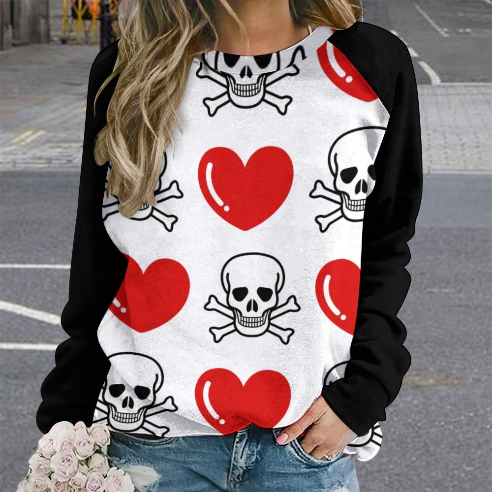 Skull And Cross Bones And Hearts Raglan Round Neck Sweater