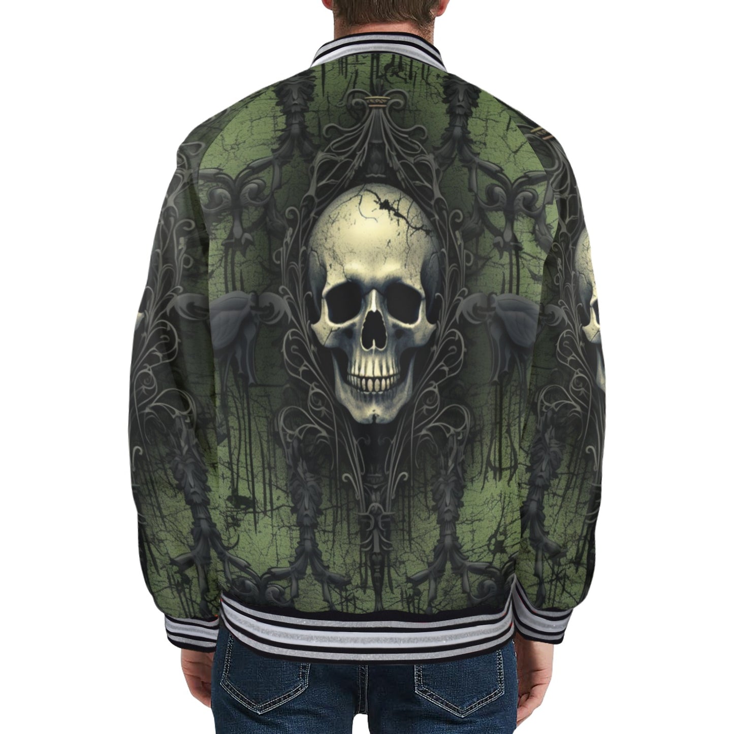 Gothic Green Skull Striped Trim Bomber Jacket