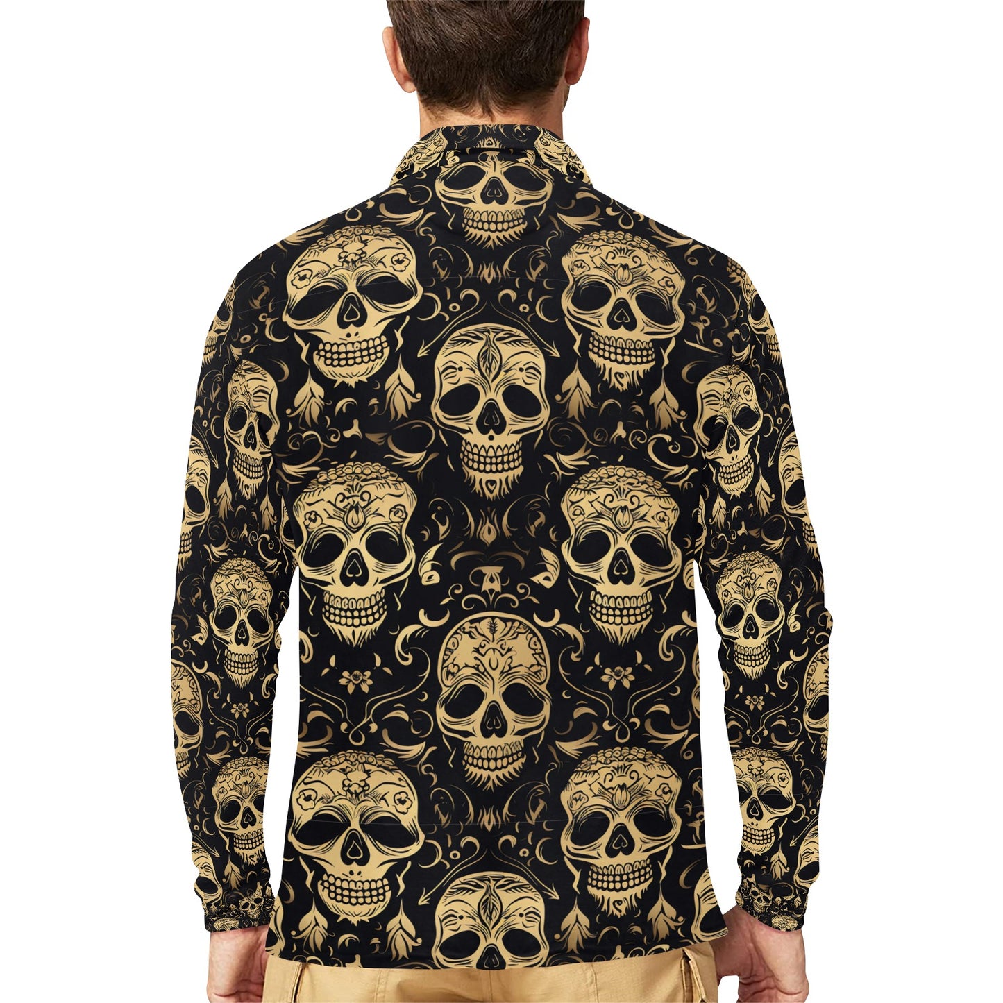 Stylized Skulls Long Sleeve Polo Shirt