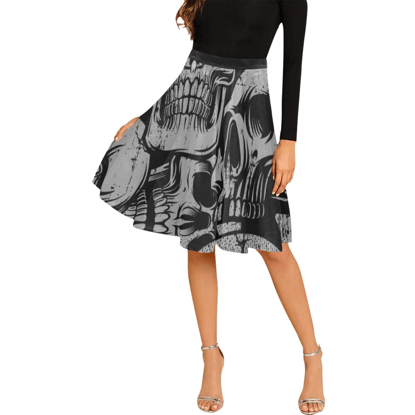 Silver Skull Pleated Midi Skirt