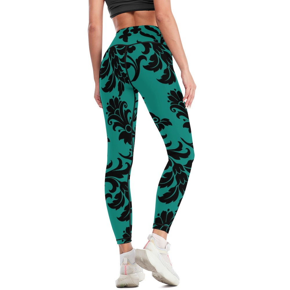 Black Flowers On Teal Yoga Pants