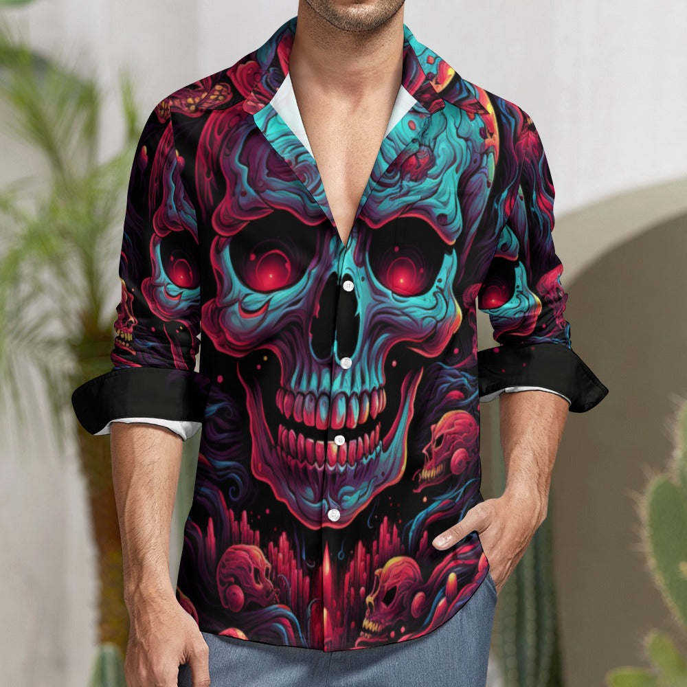 Gothic Blue And Red Skull Head Casual One Pocket Long Sleeve Shirt