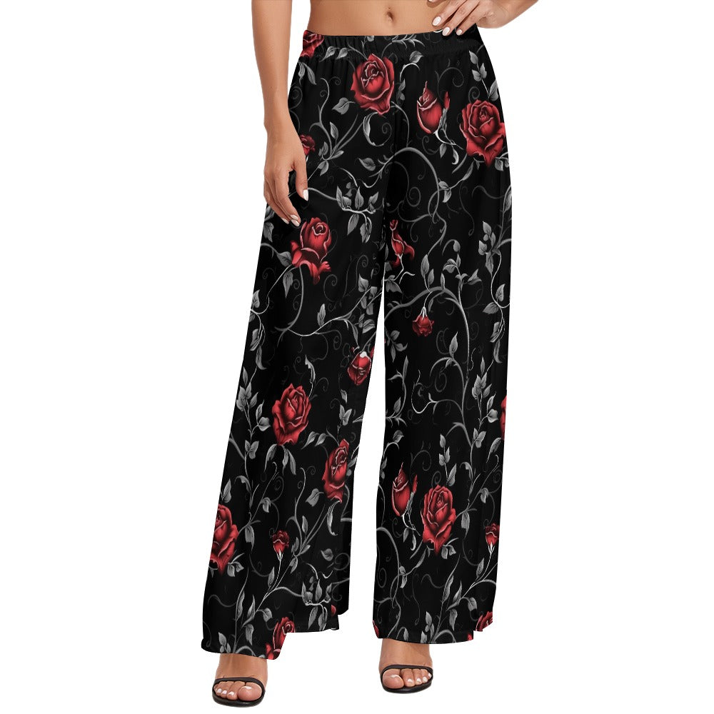 Gothic Red Rose Wide Leg Pants