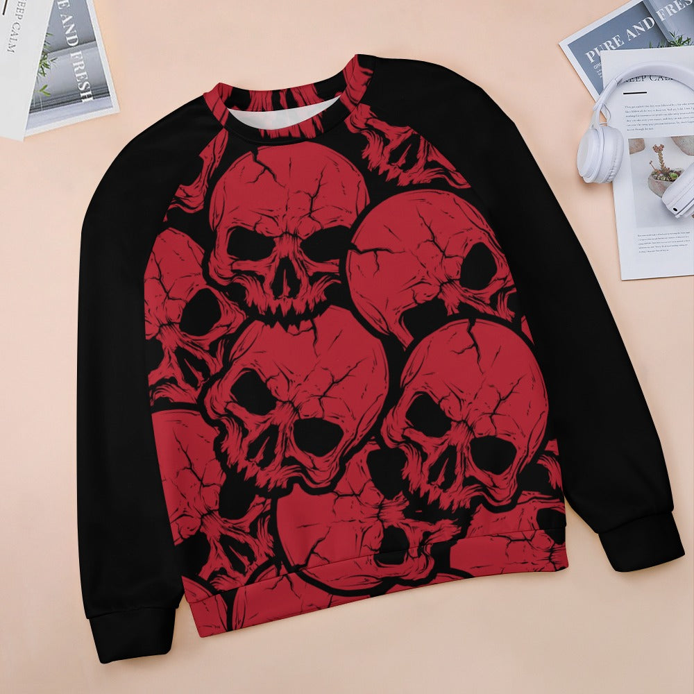 Red Skulls Raglan Round Neck Sweater