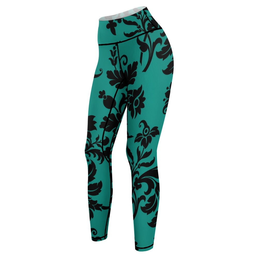 Black Flowers On Teal Yoga Pants