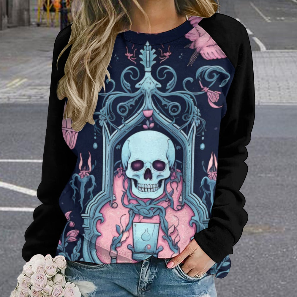 Pink Gothic And Skull Raglan Round Neck Sweater