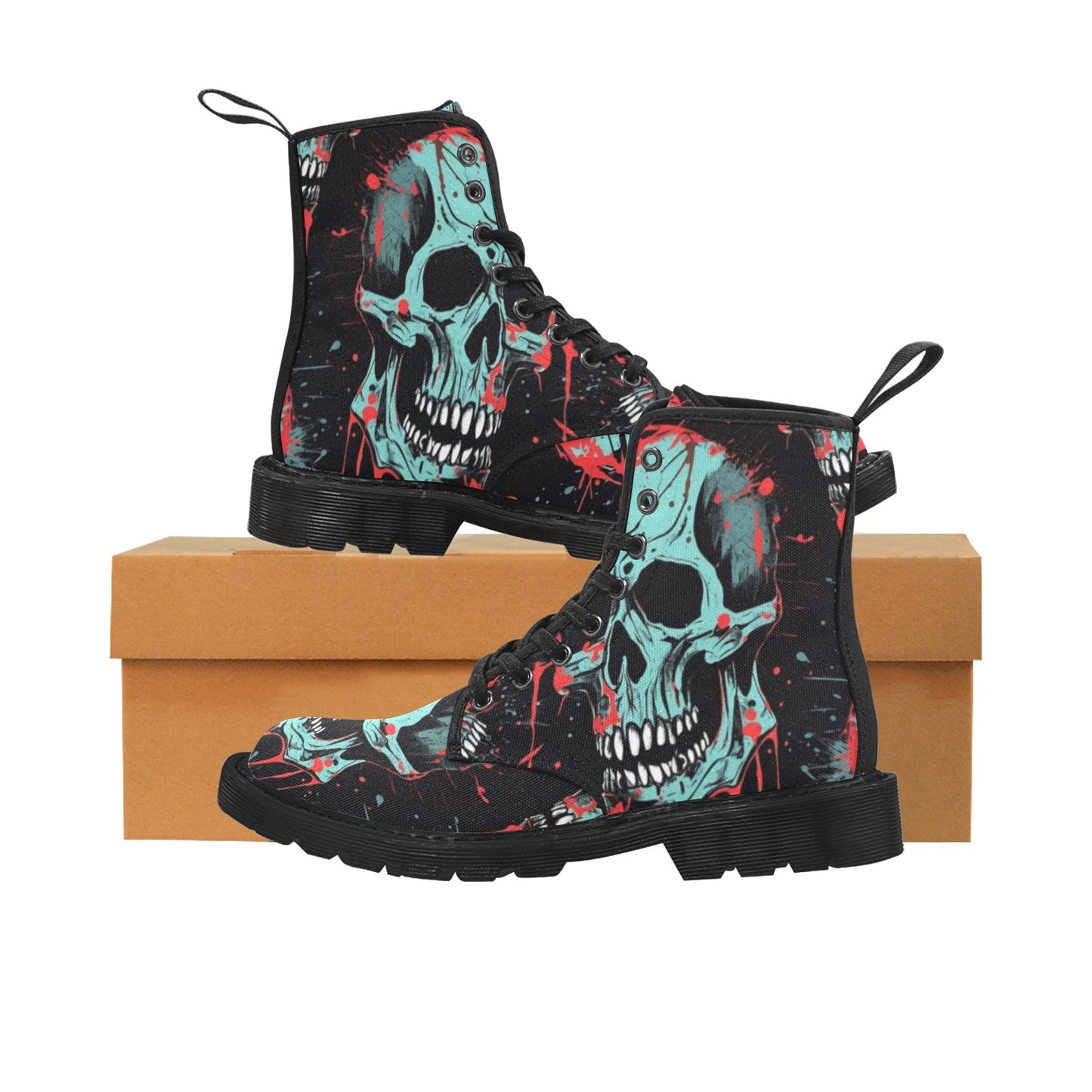 Blue Skulls With Red Splatter Lace Up Canvas Boots
