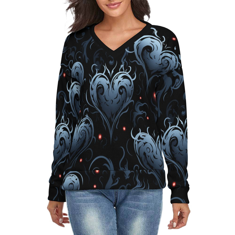 Gothic Blue Heart V-Neck Long Sleeve Sweater