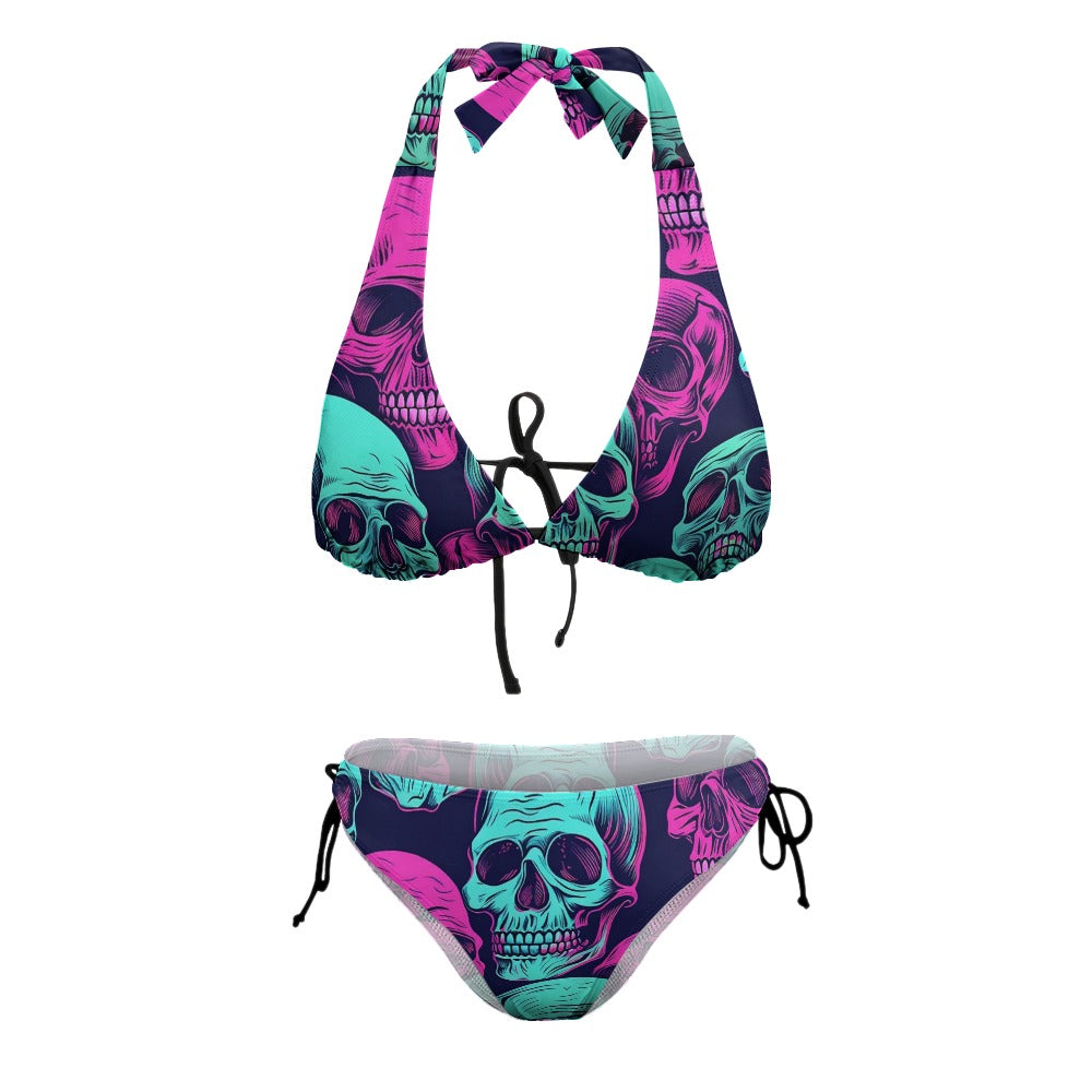 Neon Skulls V-Neck Bikini Swimsuit