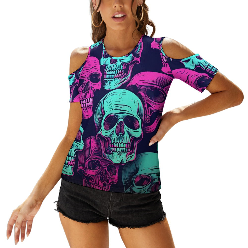 Neon Skulls Off The Shoulder U-neck Short Sleeve Top