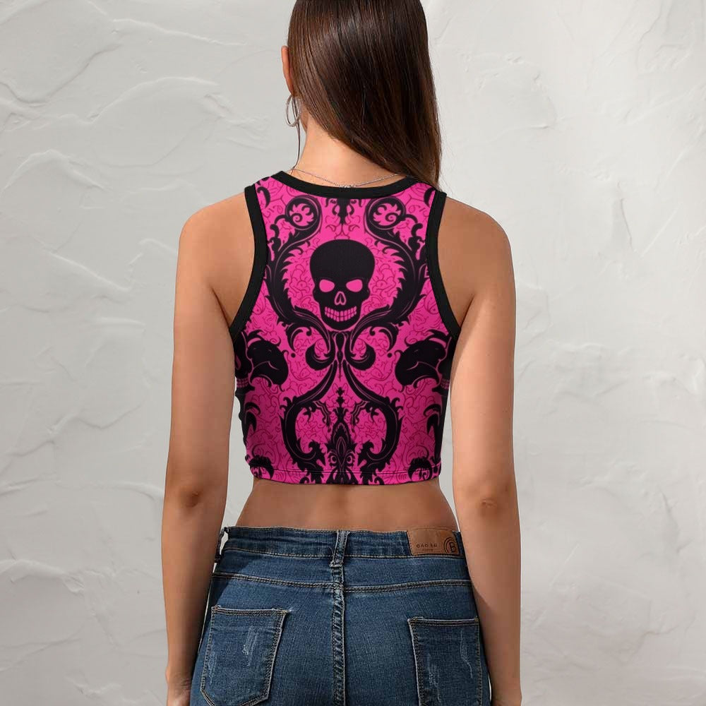 Skull On Pink Cropped Slim Racer Tank Top