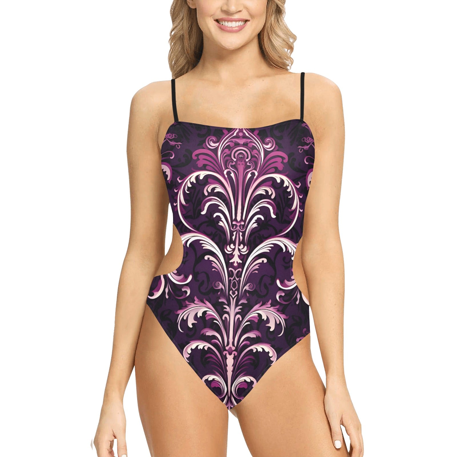 Gothic Purple Design Spaghetti Strap Cut Out Sides Swimsuit