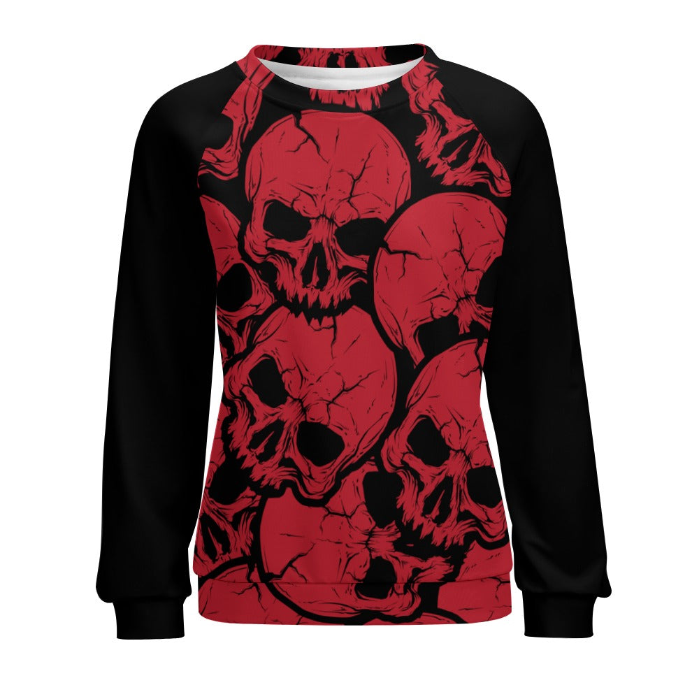 Red Skulls Raglan Round Neck Sweater