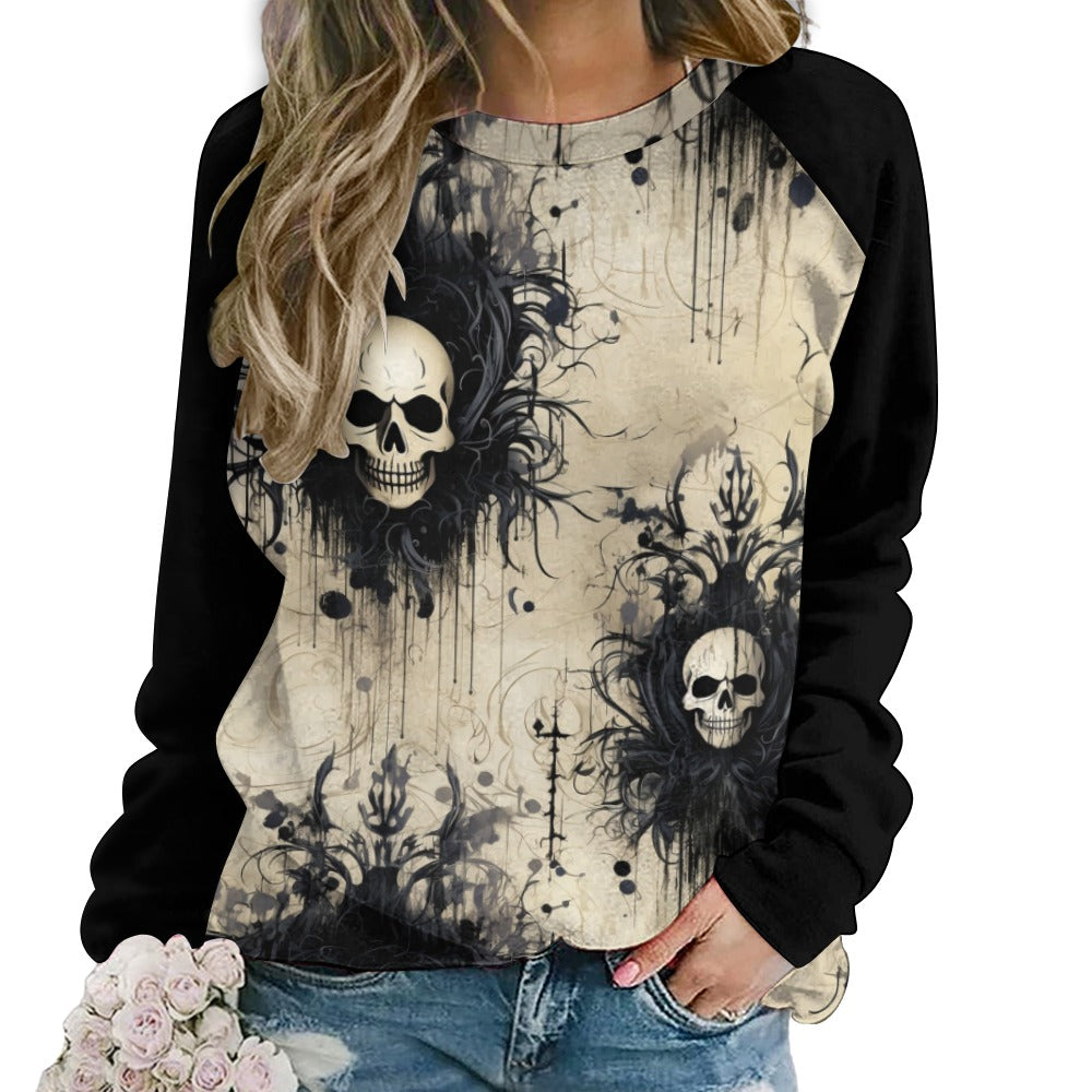 Gothic Skull Design Raglan Round Neck Sweater