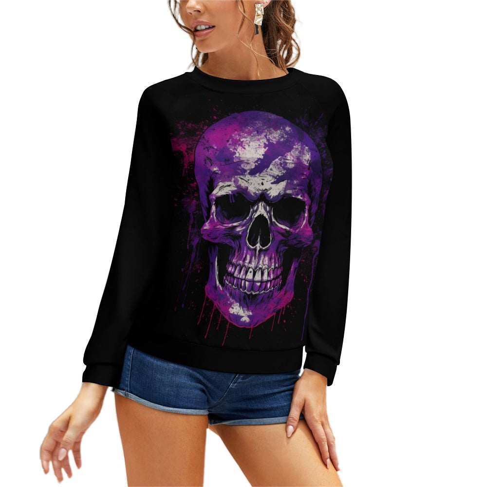 Purple Dripping Skull Raglan Round Neck Sweater