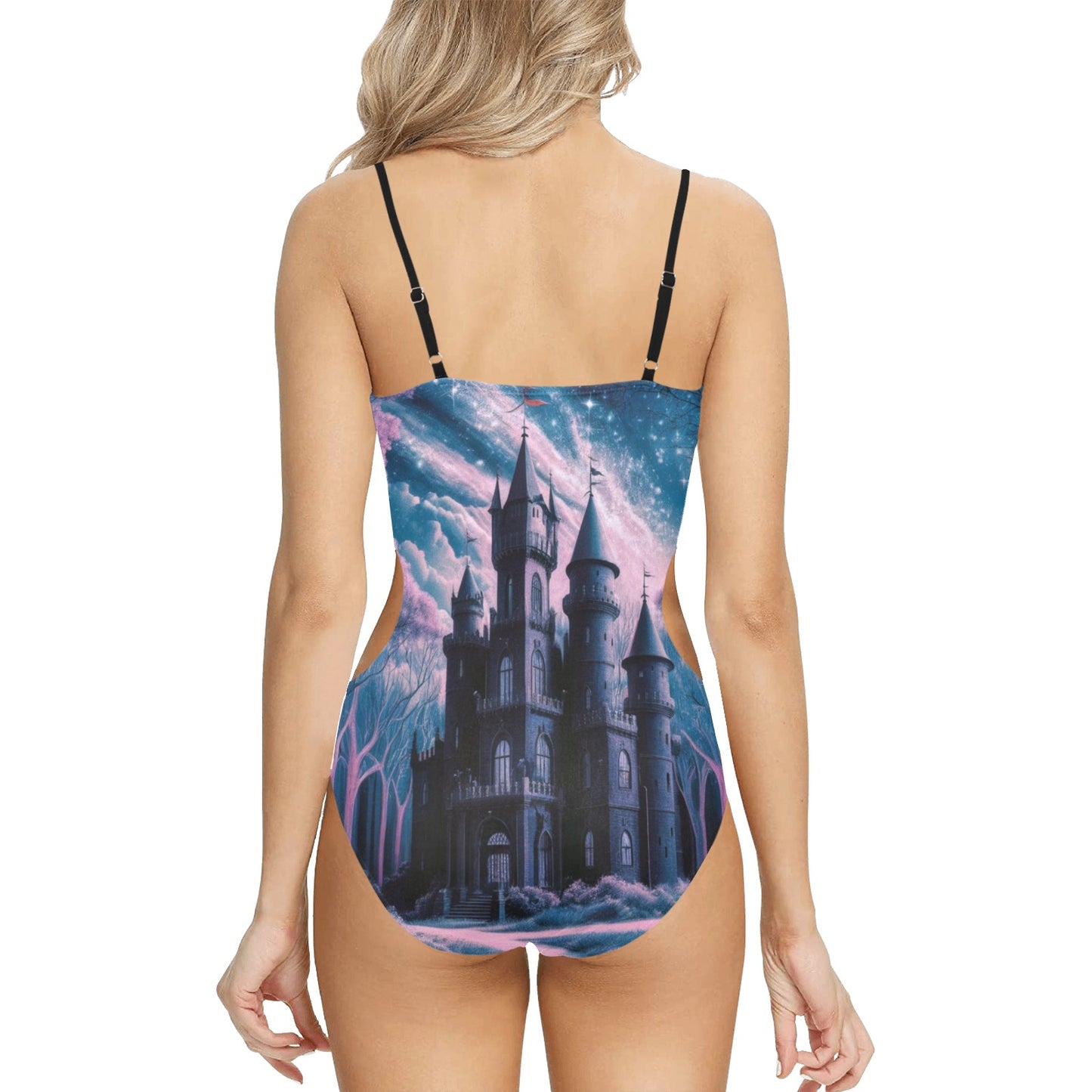 Gothic Purple Castle Spaghetti Strap Cut Out Sides Swimsuit