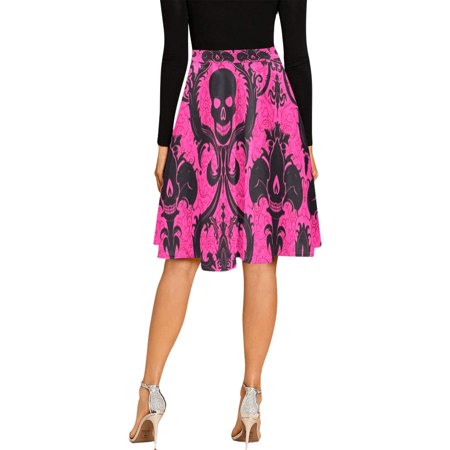 Skulls And Pink Pleated Midi Skirt