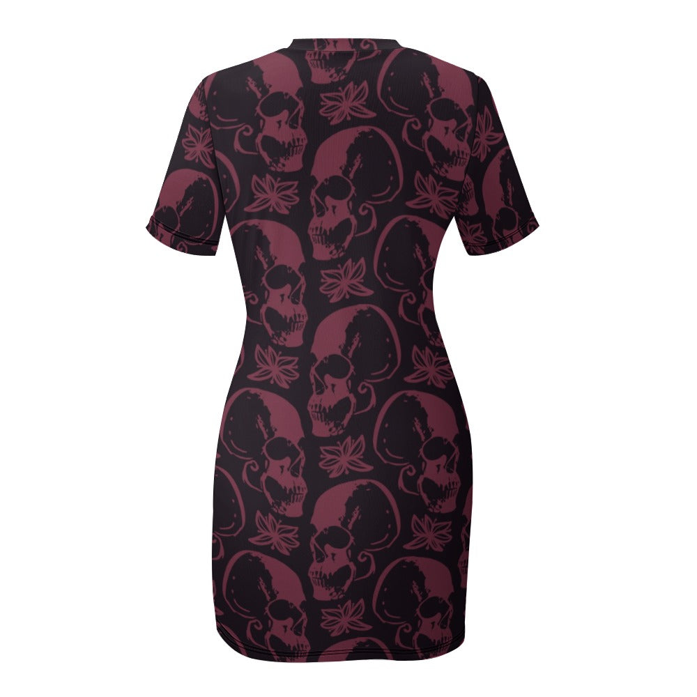 Purple Skulls Crew Neck Short Sleeve Dress