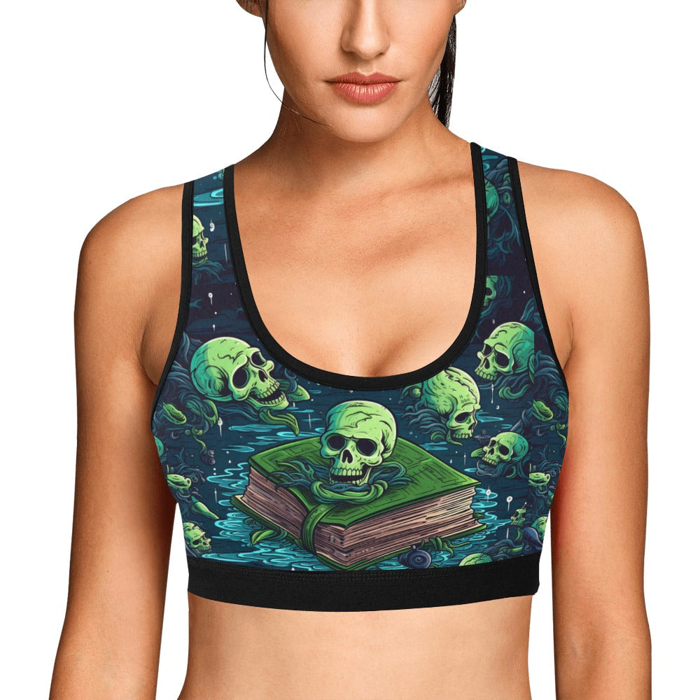 Green Skull And Spell Book Sports Bra