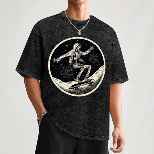 Skateboarding Space Skeleton Wash Off Short Sleeved T-shirt