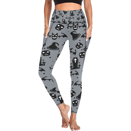 Skulls, Bats, Witches Hats And Coffins Leggings with Pockets