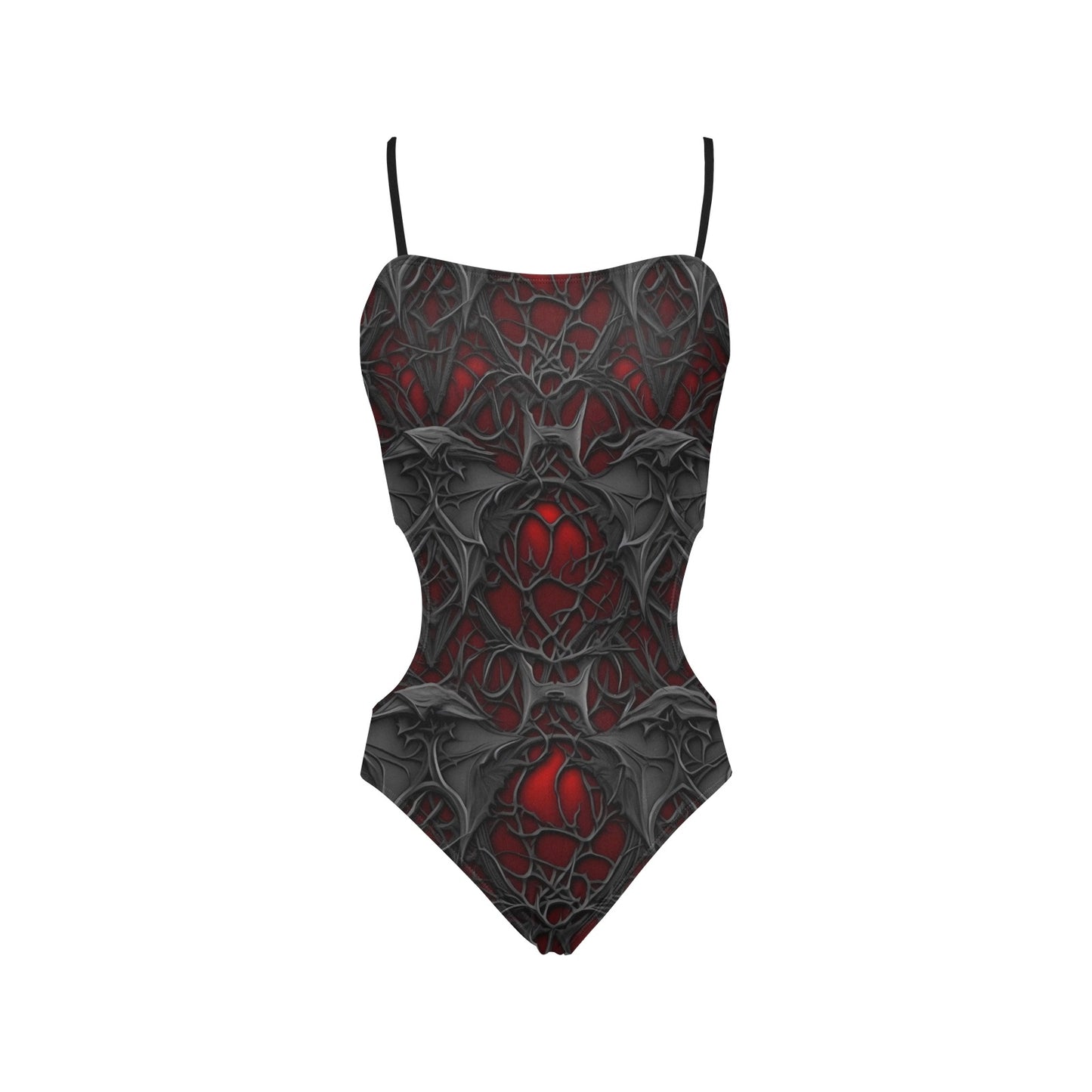 Gothic Webbed Red And Black Spaghetti Strap Cut Out Sides Swimsuit