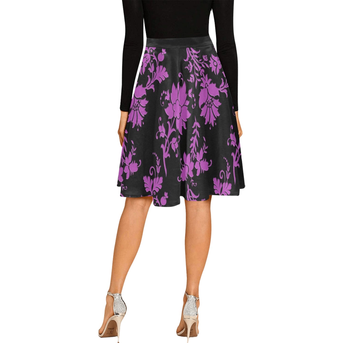 Purple Flowers Pleated Midi Skirt