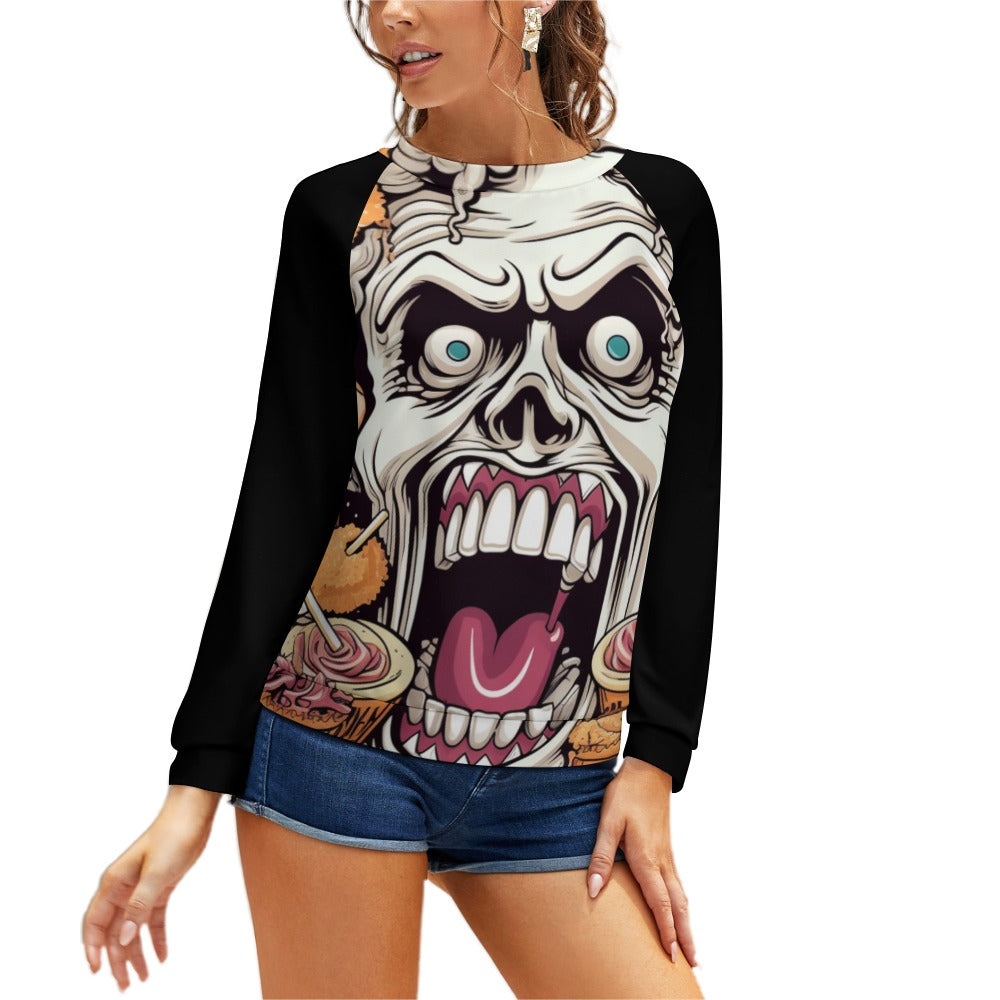 Snack Time Skull Raglan Round Neck Sweater