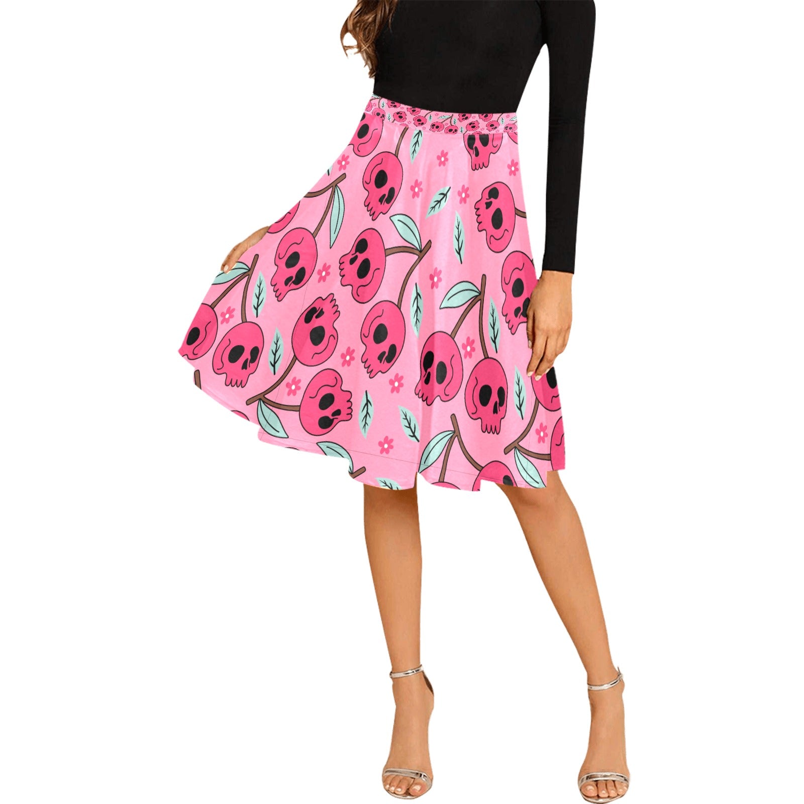 Pink Cherry Skulls Pleated Midi Skirt