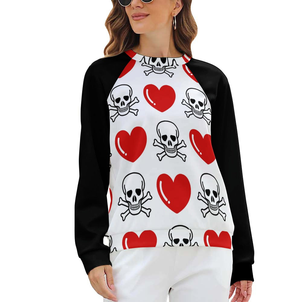 Skull And Cross Bones And Hearts Raglan Round Neck Sweater