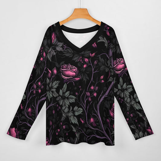 Gothic Pink Rose Pattern Long Sleeve Loose Tee