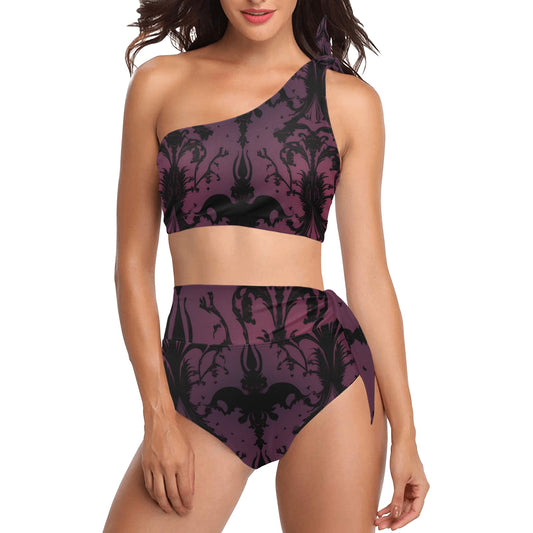 Gothic Purple High Waisted One Shoulder Bikini Set