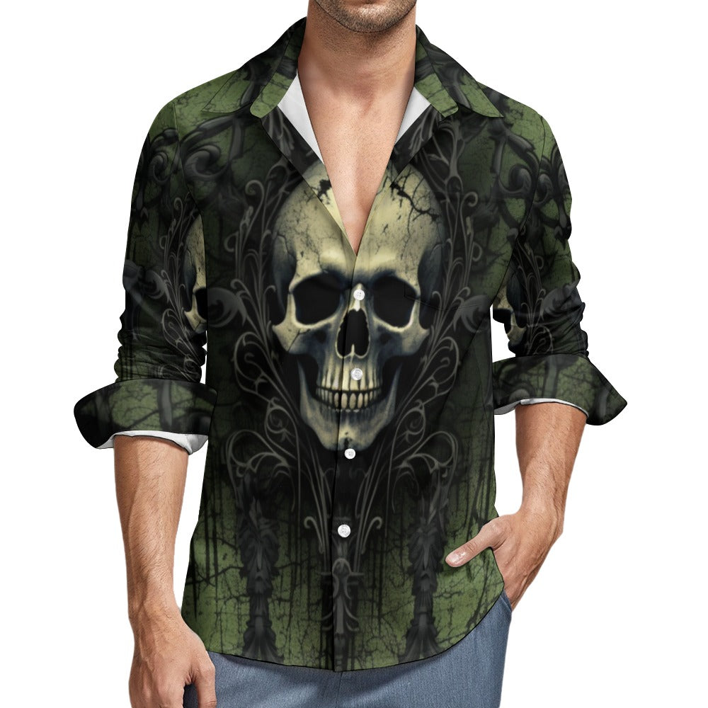 Gothic Green Skull Casual One Pocket Long Sleeve Shirt