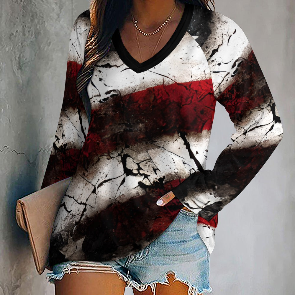 Grunge Red And White Long Sleeve Loose Tee