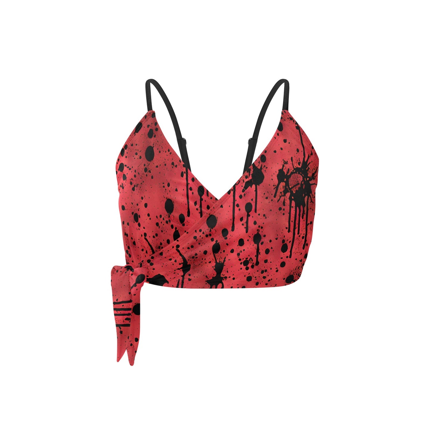 Black Ink Splatter On Red Knot Side Bikini Top