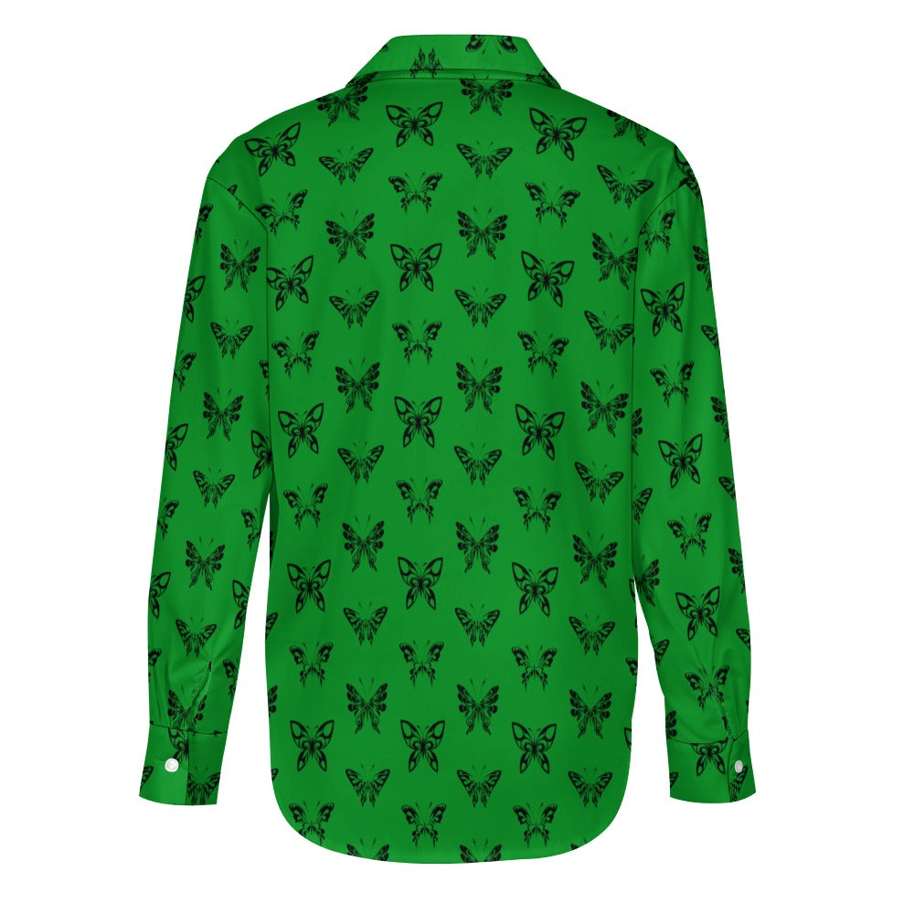 Ink Butterflies On Green Long Sleeve Casual Shirt