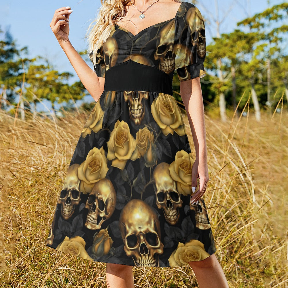 Skull And Yellow Roses Sweetheart Dress