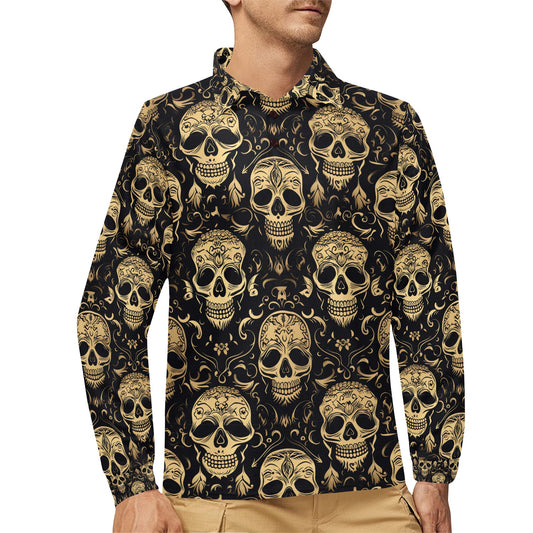 Stylized Skulls Long Sleeve Polo Shirt