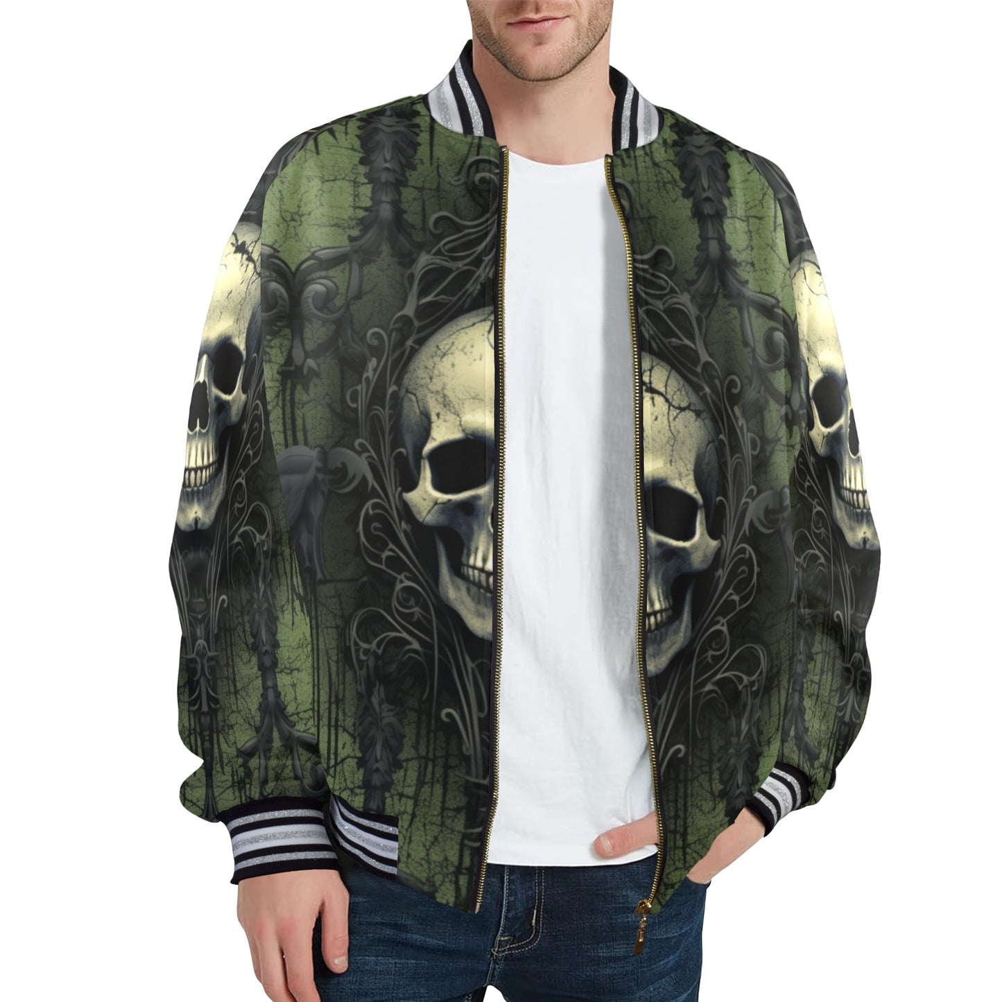 Gothic Green Skull Striped Trim Bomber Jacket