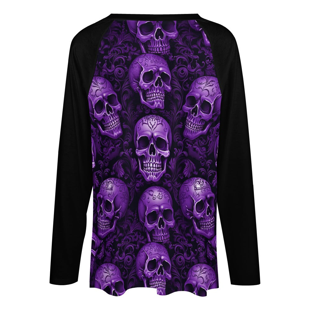 Purple Skull Pattern Long Sleeve Loose Tee