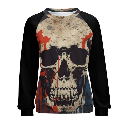 Red White And Blue Skull Design Raglan Round Neck Sweater