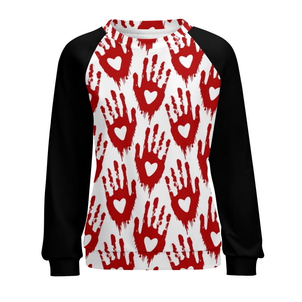 Bloody Hand Print With A Heart Raglan Round Neck Sweater