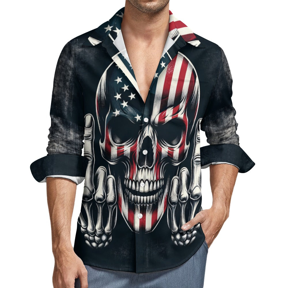 Middle Finger American Skull Casual One Pocket Long Sleeve Shirt